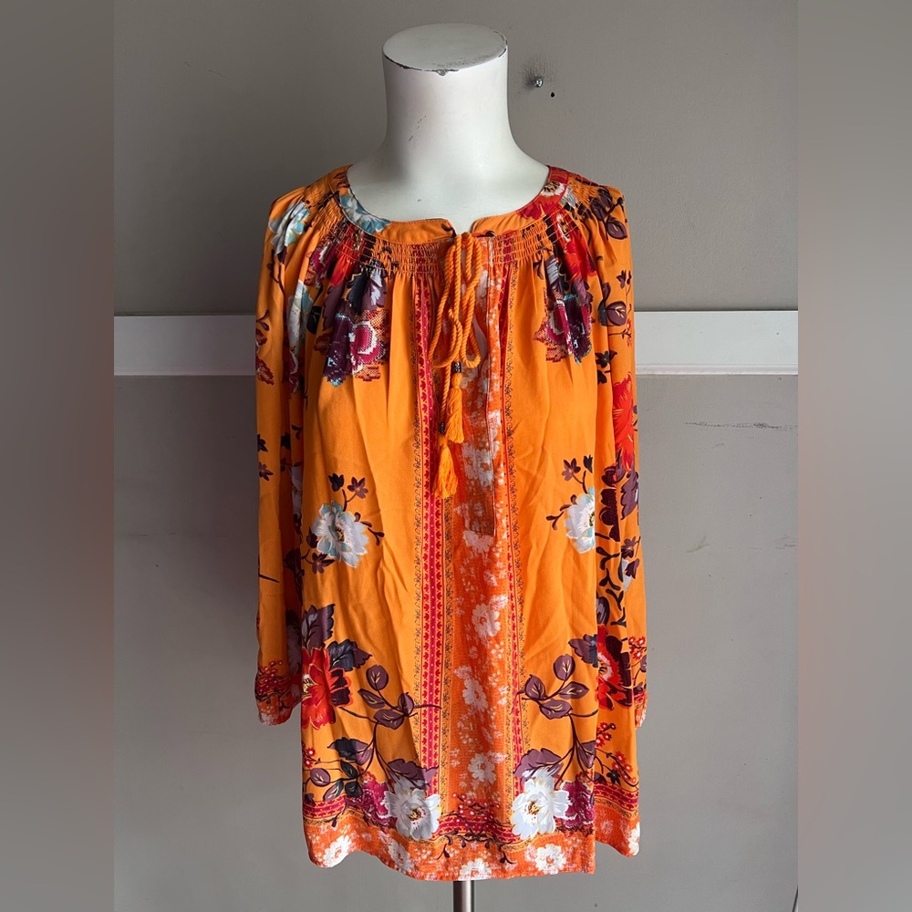 DR2 Orange Floral Blouse with Purple Accents Size Large